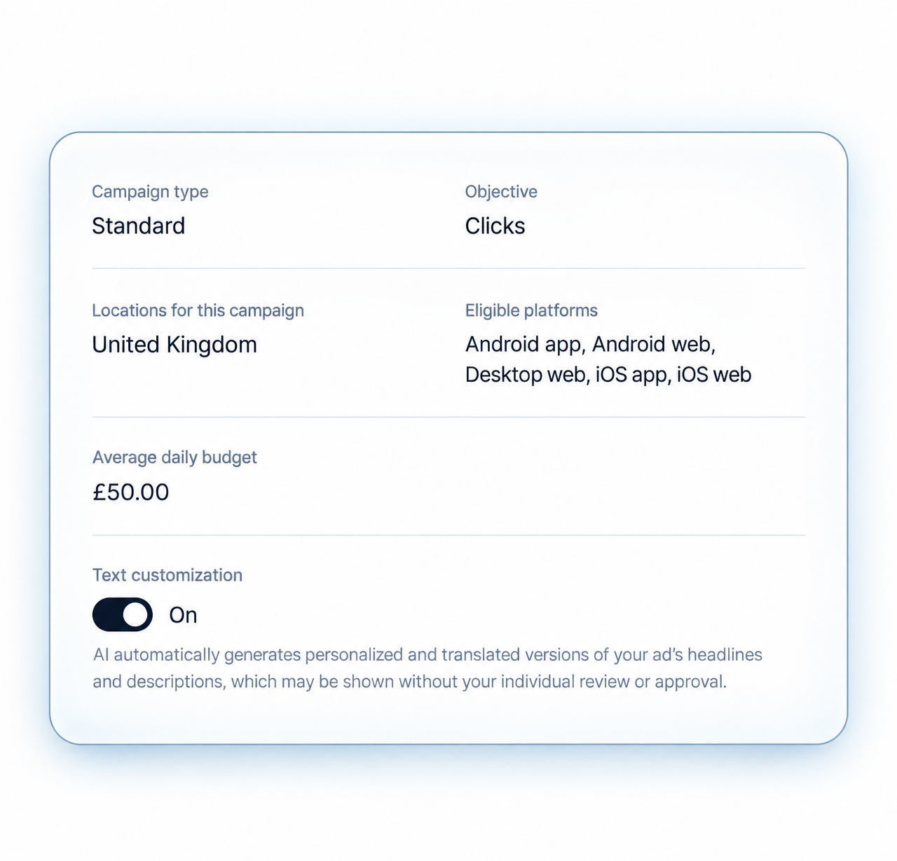 Campaign settings interface showing budget and targeting options
